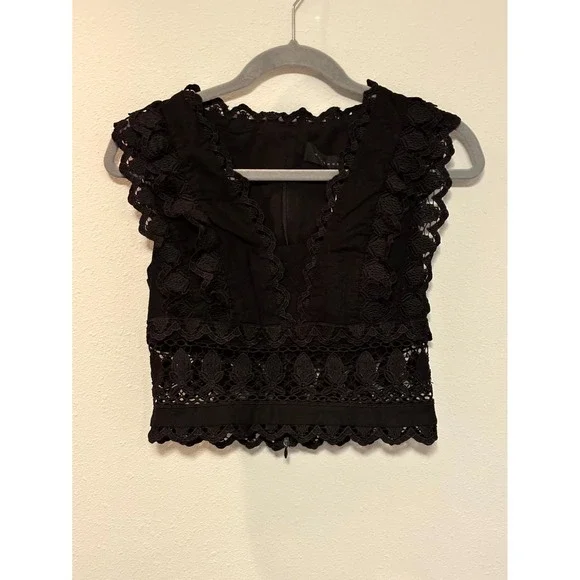 Endless Rose‎ Plunging Neck Lace Trim Cropped Top Womens Small Black Cotton - Picture 2 of 10